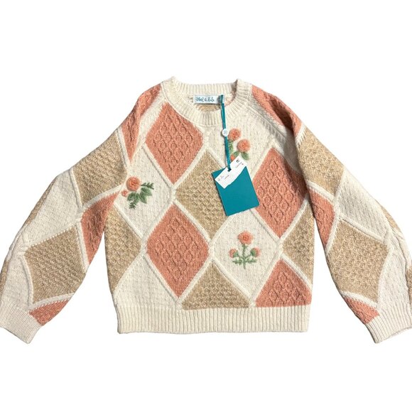 Abel & Lula Girls 6 Diamond Pattern Knit Sweater With Floral Embroidery - Picture 2 of 4